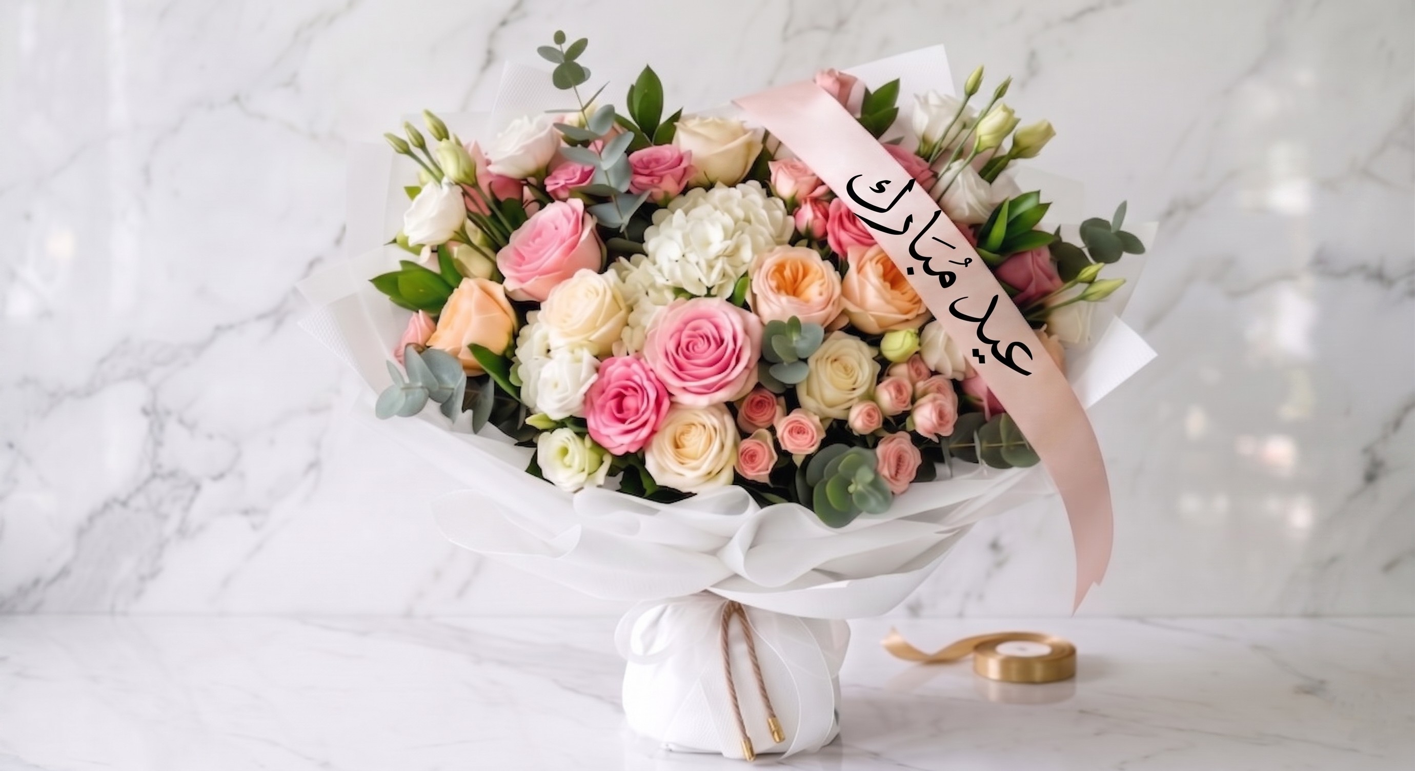 باقة وردي وأبيض خاصة عيد مبارك